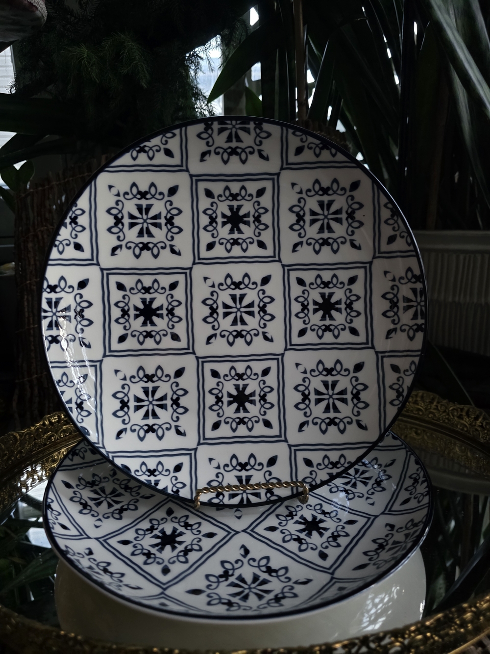 2 Orly Maison Dinner Plates Blue & White Tile Pattern Dinner Plates